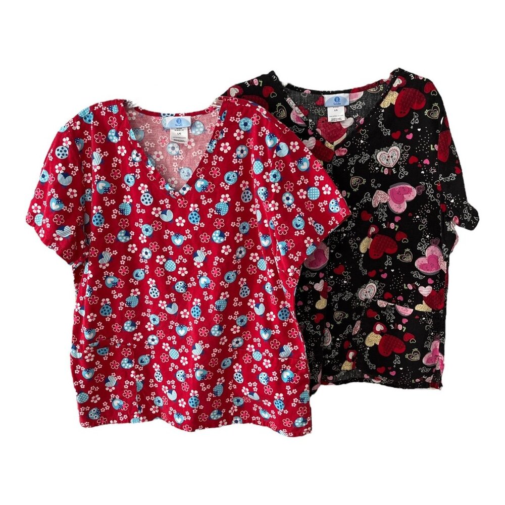 SB Scrubs Women’s Size L Lot of 2 V-Neck Tops – Red Ladybugs & Black Hearts